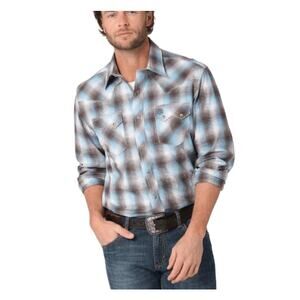 Wrangler Retro Blue Brown Plaid Pearl Snap Long Sleeve Western Shirt MEDIUM